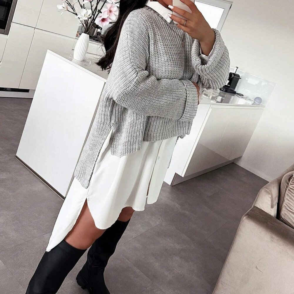 Grey Casual Women's Minimalist Long Split Sweater Top - Picture 3 of 9